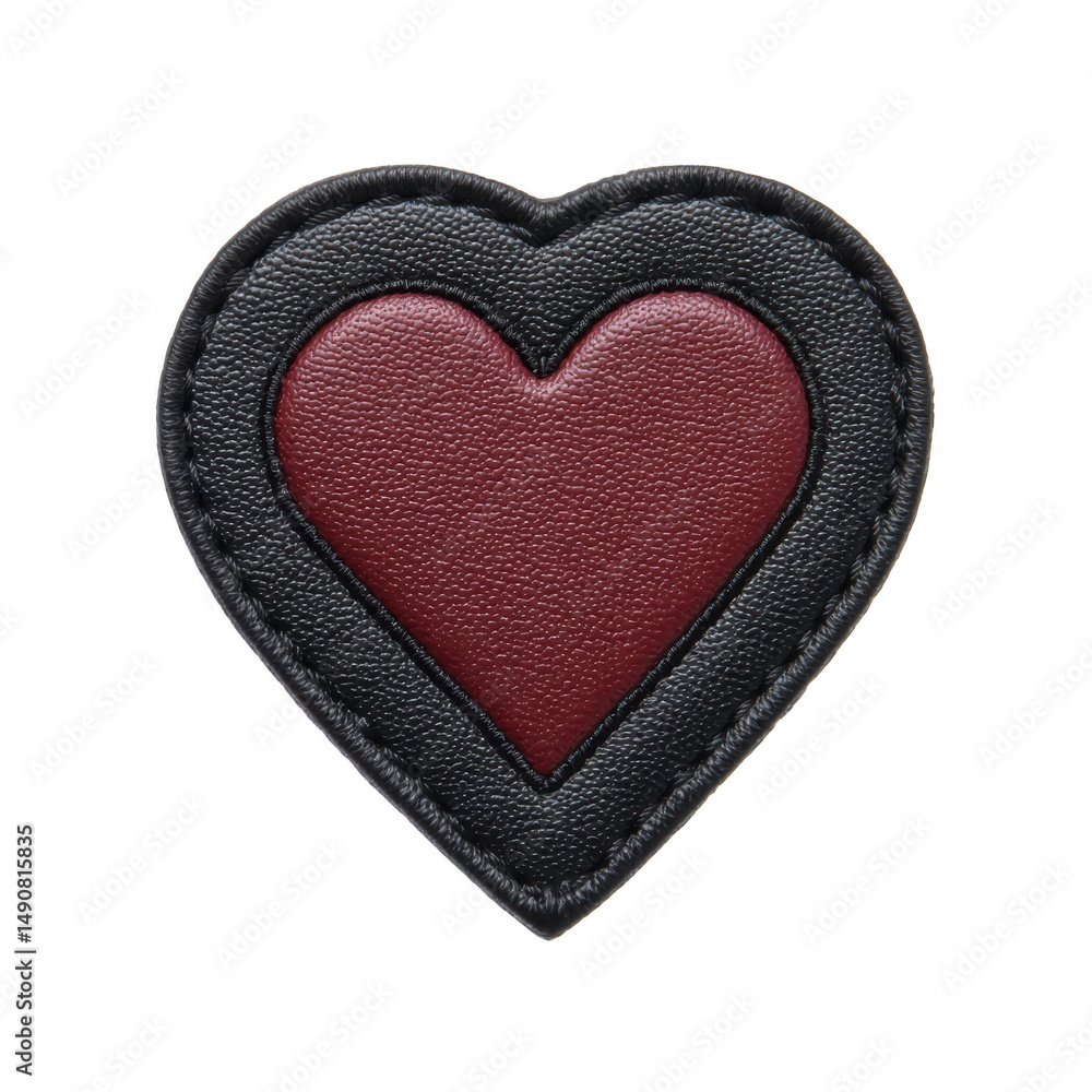 Poster heart shaped leather patch with textured surface features dark red center and black border, creating