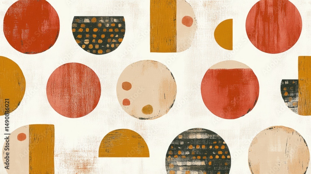 Poster geometric shapes in warm colors create a repeating pattern.