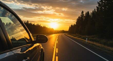 Summer evening highway with dramatic sunset light