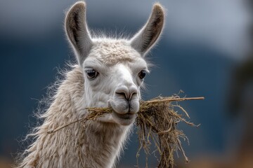 Obraz premium Close-up portrait of a fluffy white llama with hay in its mouth, showcasing its detailed fur and expressive eyes, with a blurred mountain background in soft colors.