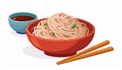 Delicious Asian Noodles In A Red Bowl With Chopsticks