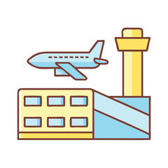 Airport terminal with airplane taking off in colorful flat design, icon on transparent background  