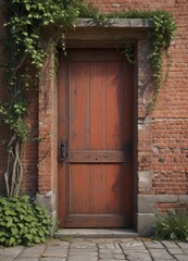 Timeworn red brick, weathered wooden door, lush vines ,  decay,  country, vintage