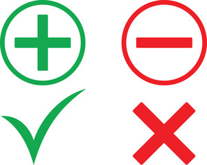 Set of plus minus, check mark, x mark. a set of four icon green and red cross and check symbols. Yes and No icon set. Vector illustration