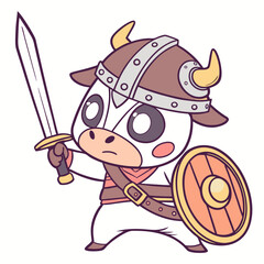 Cute Cartoon Cow Viking Warrior with Sword and Shield Childrens Illustration