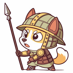 Cute Cartoon Dog Soldier in Medieval Armor Holding a Spear