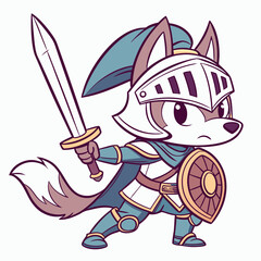 Cute Cartoon Wolf Knight Character Holding Sword and Shield Fantasy Game Design Illustration