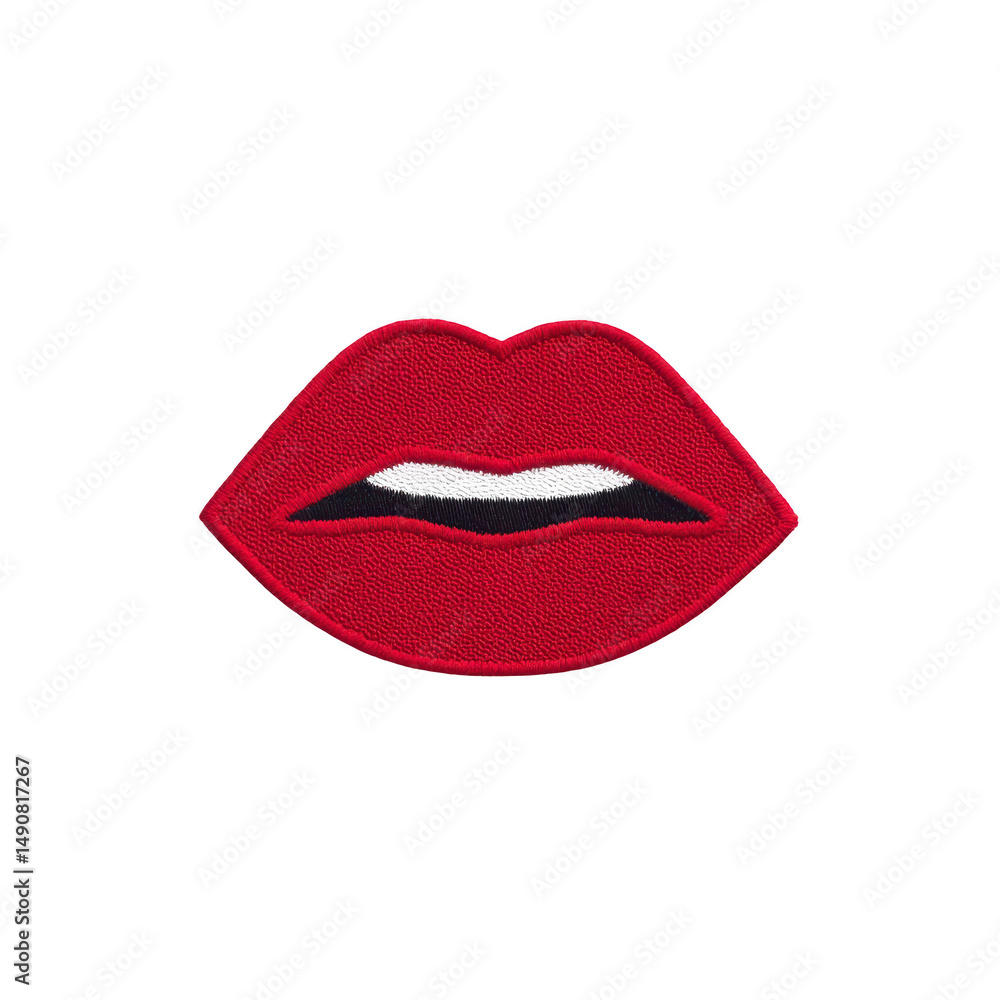 Poster red embroidered patch in shape of lips with white highlight, set against transparency background, co