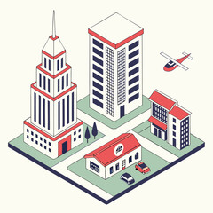 Fototapeta premium Isometric Cityscape Illustration Modern Buildings Vehicles and Helicopter