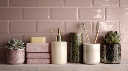 Elegant bathroom essentials displayed on a light wood surface against a soft pink tile backdrop