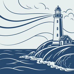 Coastal Lighthouse Beacon Dramatic Ocean Waves Seascape Illustration