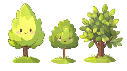 Obraz premium Three cheerful cartoon trees stand together against a dark background promising growth and a on transparent background