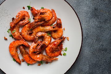 fried tiger prawns, with spices, homemade, top view,