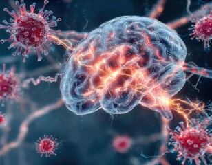 Obraz premium Medical illustration of viral encephalitis--depicting a human brain partially translucent to reveal inflamed neural tissue glowing with reddish-orange heat, symbolizing infection.
