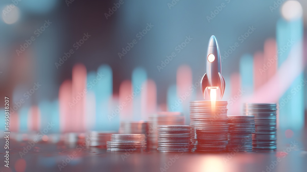 Poster rocket launching above stacks of coins with growing graph background