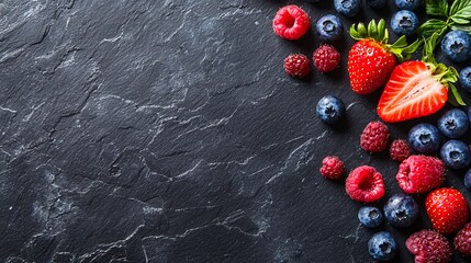 Fresh Strawberries and Berries on Dark Slate Background