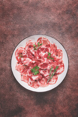 sliced cured ham, prosciutto, italian dish, delicacy, parma ham, top view, no people,