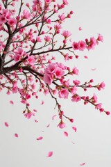 Fototapeta premium Delicate Pink Cherry Blossom Branch with Falling Petals on White Background