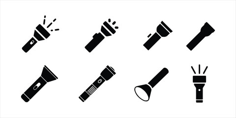 flashlight light vector icon set hand drawn illustration on white background. torch light silhouette. eight set flashlight light vector icon.