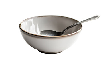 Awaiting a comforting meal a simple ceramic bowl with a silver spoon promises warmth and on transparent background