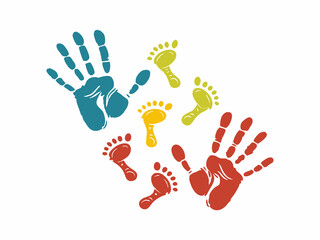 A vibrant illustration showcasing colorful handprints and footprints, creating a sense of community and togetherness.