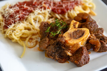 Traditional spaghetti with ossobuco sauce