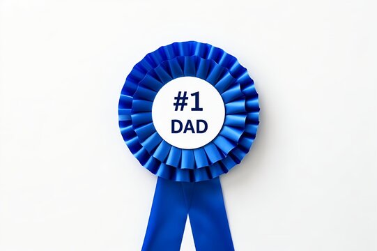 A bright blue number one dad award ribbon demonstrating love and appreciation on a white background