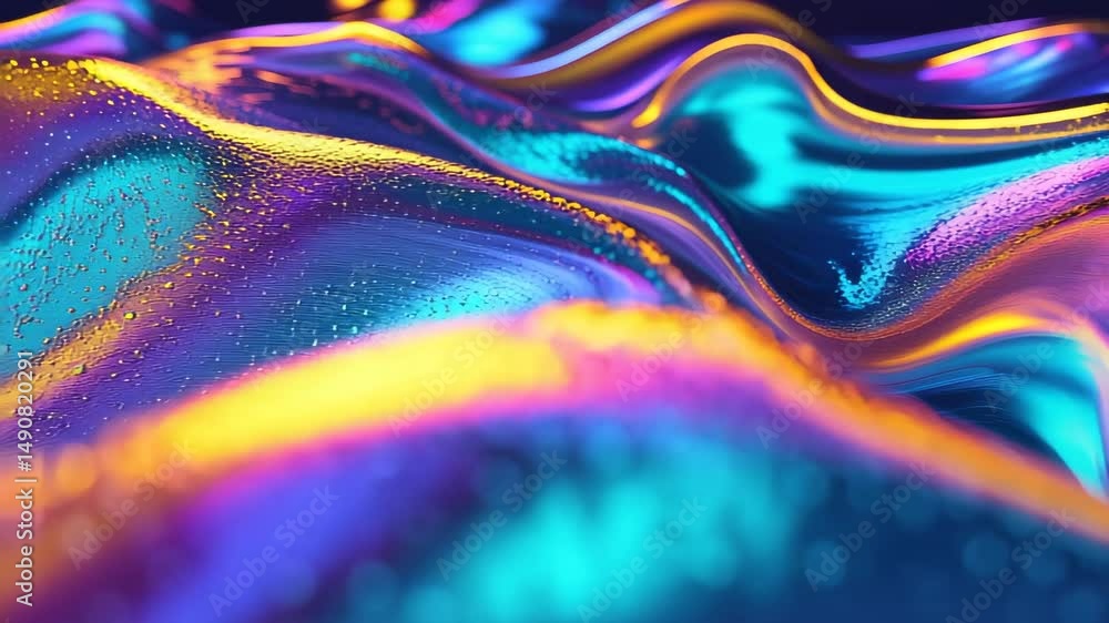 Poster vibrant holographic fluid waves with dynamic abstract patterns and multicoloured textures for stunni