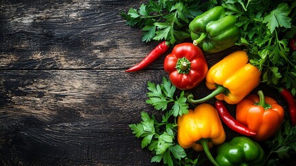 Fresh Bell Peppers and Chili Peppers on Wooden Background