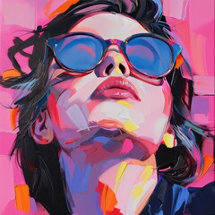 Vibrant artistic portrait of a stylish woman wearing sunglasses in a bold pop art style