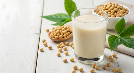 Healthy Plant-Based Soy Milk Drink in Glass with Soybeans on White Wood Table