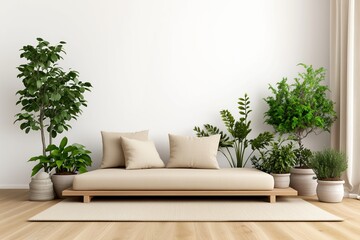 japandi style living room interior with minimalist natural decor