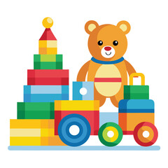 a collection of colorful children's toys, including a teddy bear, truck, stacking rings, and a small train
 on white background