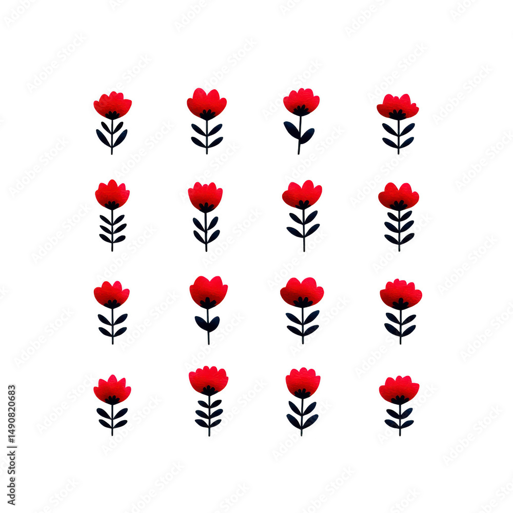 Poster red flowers arranged in grid pattern on transparency background create striking and symmetrical desi