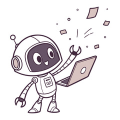 Happy robot using laptop computer and generating digital data files