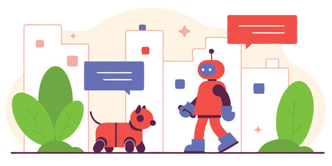 Friendly robot and robotic dog walking in a modern cityscape with speech bubbles