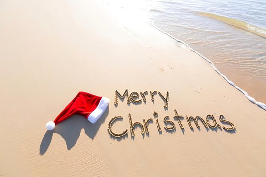 Merry christmas message written in the sand with a santa hat beside the ocean on a sunny day