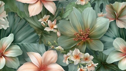 Lush Tropical Floral Seamless Pattern Elegant Green and Peach Blossoms with Large Leaves