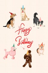 Hand drawn illustration of a dog, pet, wearing a party hat, celebrating and having fun, cute, decorating an invitation card, happy birthday