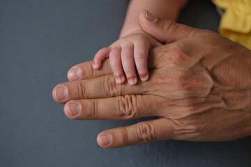 Fototapeta premium Tender newborn baby hand held by elderly hand symbolizing love generational connection and family
