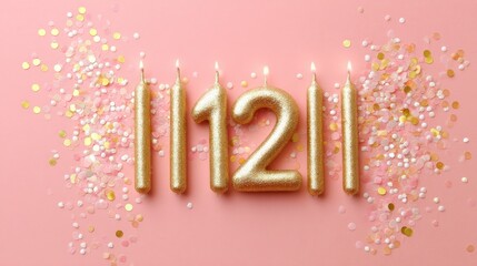Gold number candles for a 12th birthday celebration, scattered with colorful confetti on a pink background