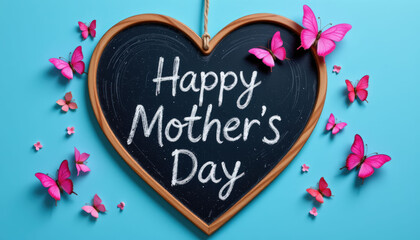 Heart shaped blackboard with Mother Day message surrounded by pink butterflies on blue background