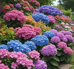 Vibrant hydrangeas amidst colorful blooms, garden ornaments , ornament, pot