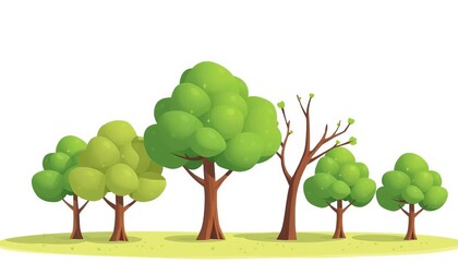 Cute cartoon trees, simple green, flat style, isolated on white, modern design,  whimsical,  symbol