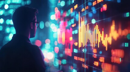 Night Trader: A Silhouette Against the Vibrant Glow of Financial Data