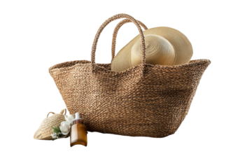 Dreaming of sun kissed shores A straw beach bag brimming with vacation essentials awaits on transparent background