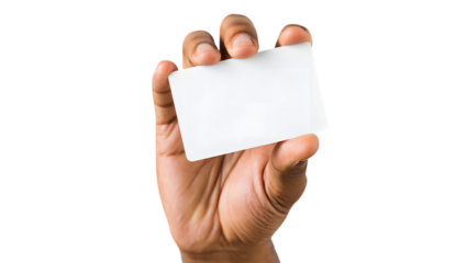 Hand holding blank white card isolated on transparent background