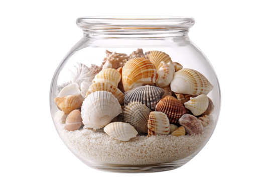 Echoes of the Ocean Seashells nestled in a serene clear glass bowl evoking memories of on transparent background