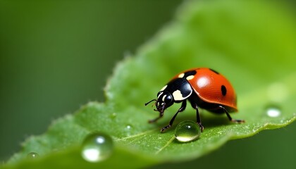 Obraz premium Closeup of a Ladybug on a DewKissed Leaf