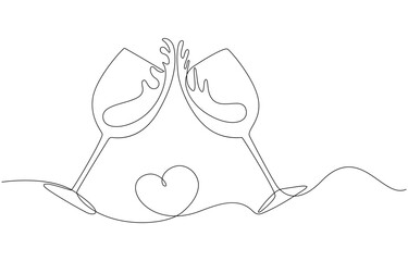 Creative sparkling wine glass, continuous lines vector banner.wine glass, one line drawing